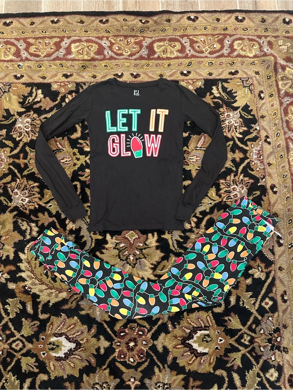 Let It Glow Black Long Sleeve & Lightbulb Pajama Pants Set Boys Size 14